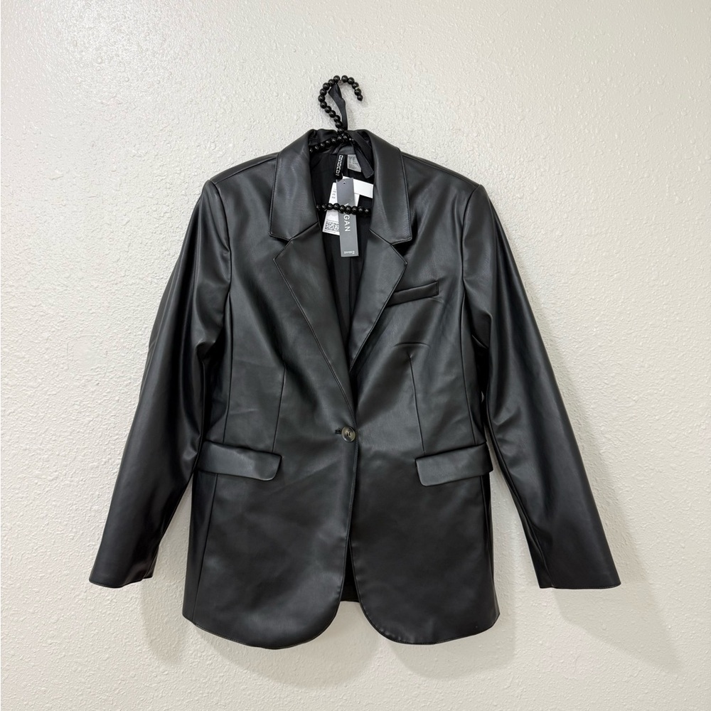 H&M Divided Faux Leather Blazer Black Minimalist Chic Vegan Jacket XS-S NWT